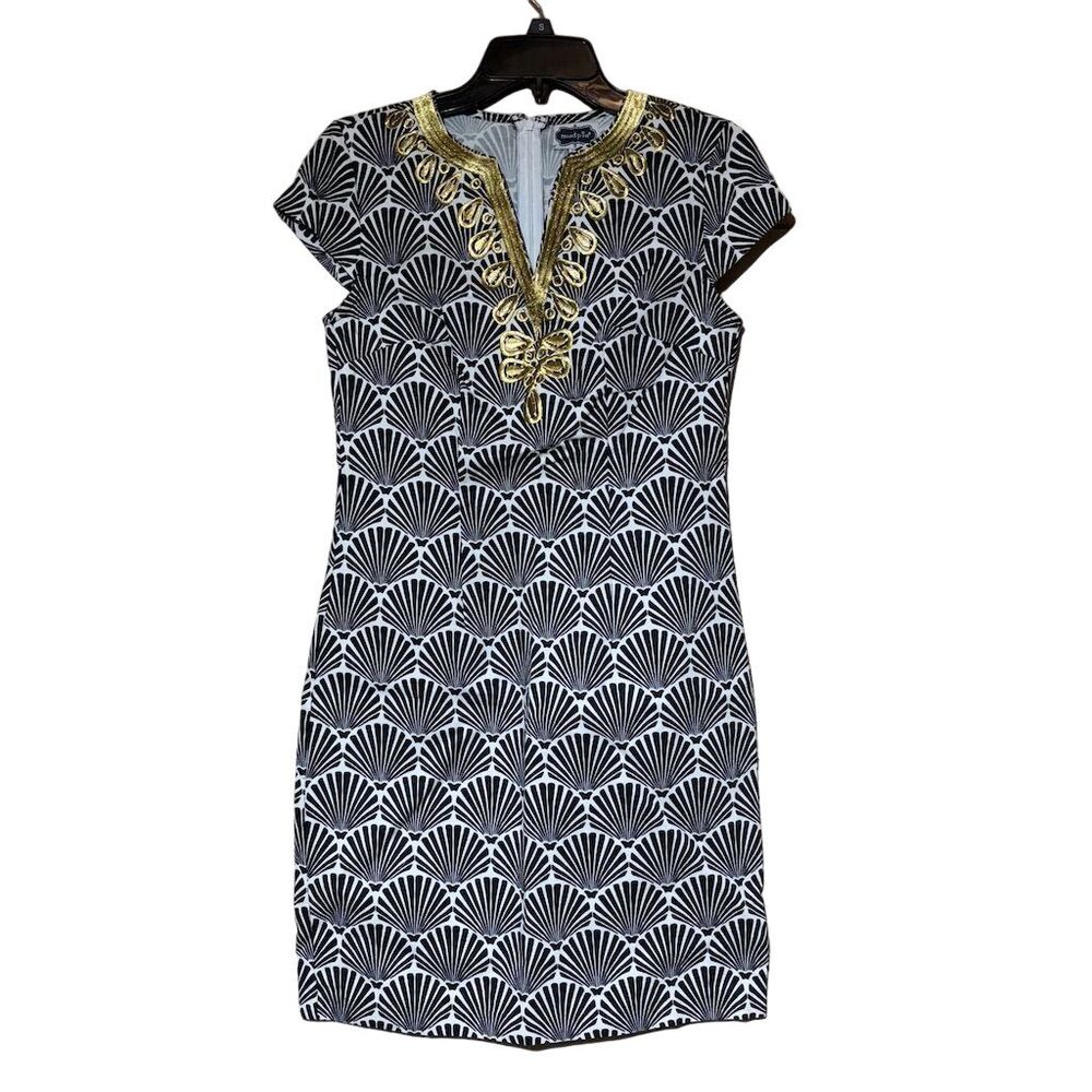 Mud Pie Seashell Dress XS Black Knee Length Sheath Short Sleeve Gold Embroidery